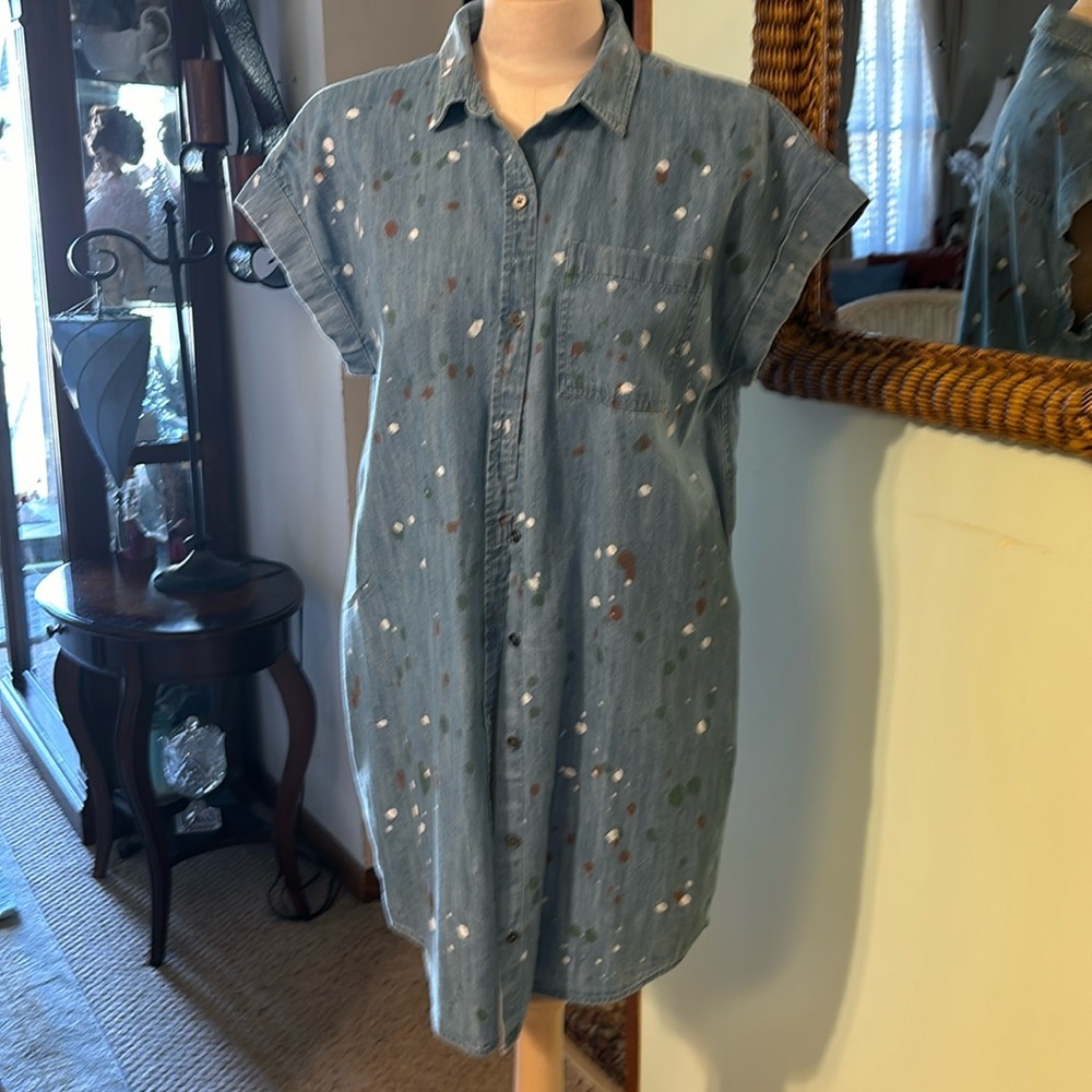 NWT True Craft Denim Midi Shirt Dress with paint splashes